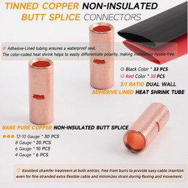 12 to 4 AWG Non-Insulated Butt Connectors 132 PCS Butt Splice Connectors Kit, 4/6/8/12-10 Gauge Bare Pure Copper Butt Splice Wire Connectors,66 PCS Uninsulated Butt Terminals & 66 PCS 3:1 Heat Shrink