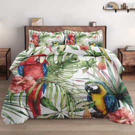 WeCozy Full Size Comforter Set with 2 Pillowcases, Tropical Hibiscus Birds 3 Pcs Bedding for Kids and Adults, Flower Palm Leaf Soft Comforter Set for Bedroom Bed Decor
