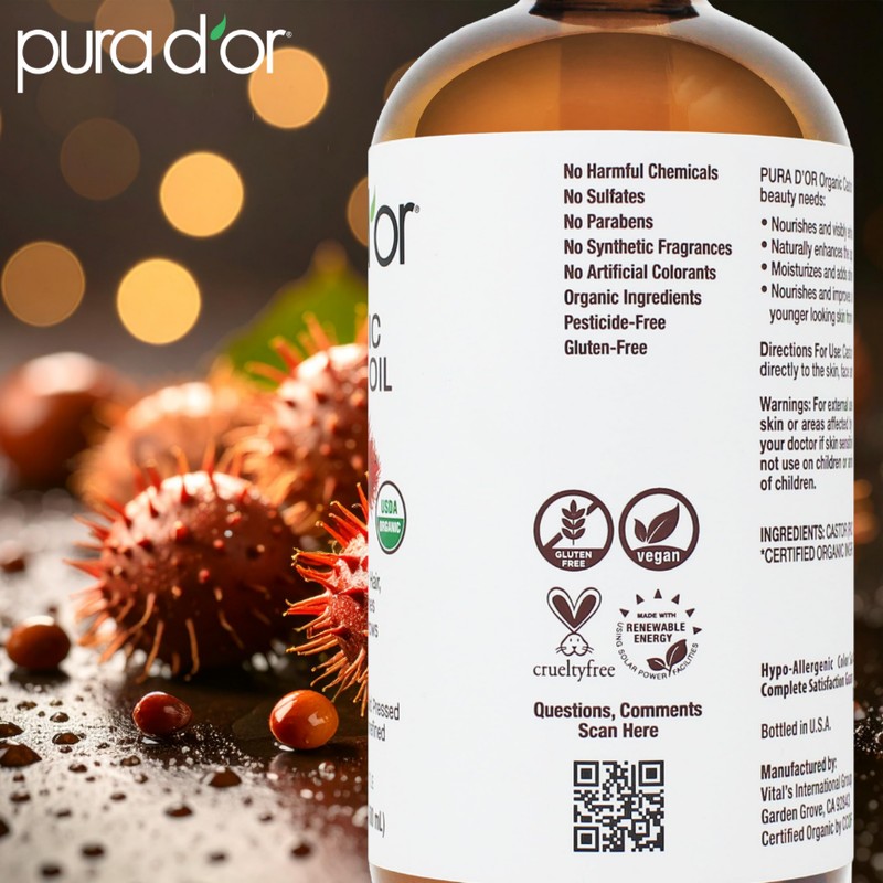 PURA D'OR 16.9 Oz ORGANIC Castor Oil (GLASS BOTTLE) 100%