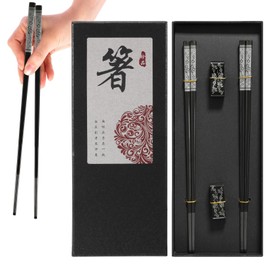 2 Pair Metal Chopsticks Reusable, Metal Chopsticks with Chopsticks Holder Non -Slip Japanese Korean Chopsticks Chinese Chopsticks Gift Set for Kitchen & Dining