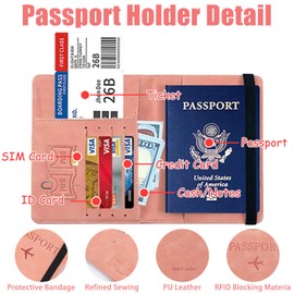 Passport Case, Passport Cover with PU Leather RFID Blocking, Passport Cover with Pocket for Credit Cards, Travel Passport Case with for Men and Women (Pink), rose, Travel