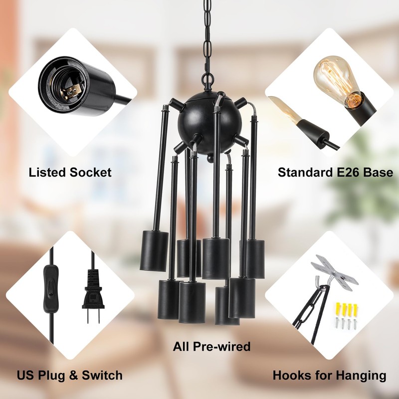 SineRise Plug-in Sputnik Chandeliers Black, 8 Lights Modern Sputnik Lighting