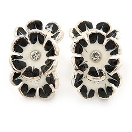 C-Shape White/Black Enamel 'Floral' Stud Earrings In Silver Tone - 25mm L