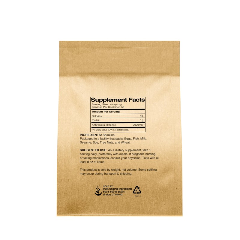 PURE ORIGINAL INGREDIENTS Spirulina Powder (4 oz) Green Algae Superfood