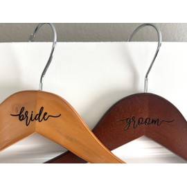 Bride & Groom Engraved Wooden Hangers Set of 2 with Swivel Hooks & Adjustable Clips - Solid Wood with Stainless Steel bar for Dress, Suit, Pants - Keepsake Wedding Gift (Natural Walnut)