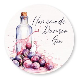 (Pack of 24) Homemade Damson Gin Labels - Watercolour Splash Sloe Berry Design (63mm Round)