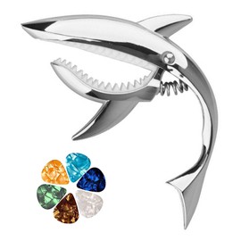 ESJNNK Capotasto Shark Shape Guitar Capo One-Touch Alloy Guitar Capo for Acoustic, Electric Guitar, Ukulele, 6 Picks, Durable (Silver)