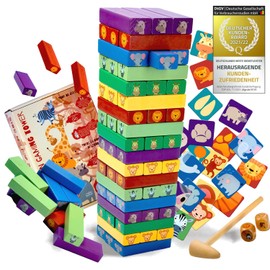 all Kids United® Holz Kinder-Spielzeug 4in1 Stapelturm; Wackelturm Stapelspiel; Montessori Lernspielzeug, Turmspiel mit 54 bunten Bauklötzen ab 3 Jahren