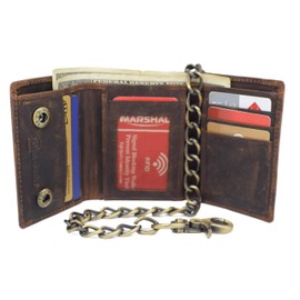 MARSHAL Men’s Brown Leather Angry Bull Chain Wallet – Trifold Western RFID Blocking Biker Wallet with ID Window & Heavy-Duty Chain (Angry Bull Brown)