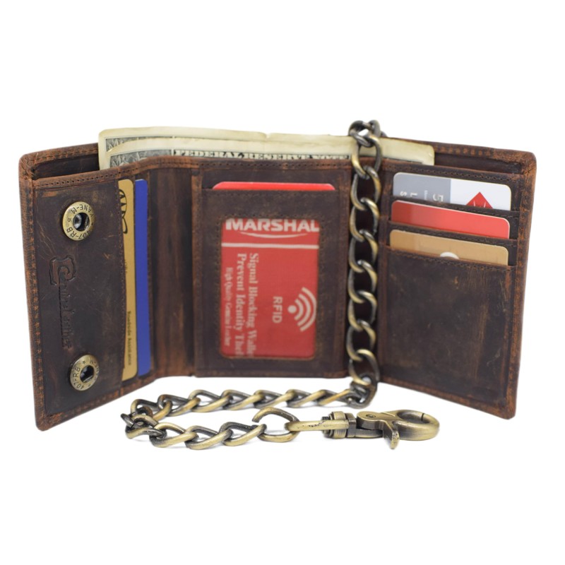 MARSHAL Men’s Brown Leather Angry Bull Chain Wallet – Trifold