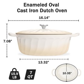 Enameled Oval Dutch Oven Pot with Lid, 7 QT Cast Iron Dutch Oven with Dual Handles for Cooking, Bread Baking, Frying, Non-stick Enamel Coated Oven (Caramel White)