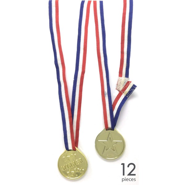 AoneFun Gold Medals for Kids Necklaces Toy Medals Soccer Medals Award Medals 1st Place Medals Ribbons for Medals Prize Ribbons Plastic Medals Winner Ribbons Fake Medals Race Medals (12 Pack)