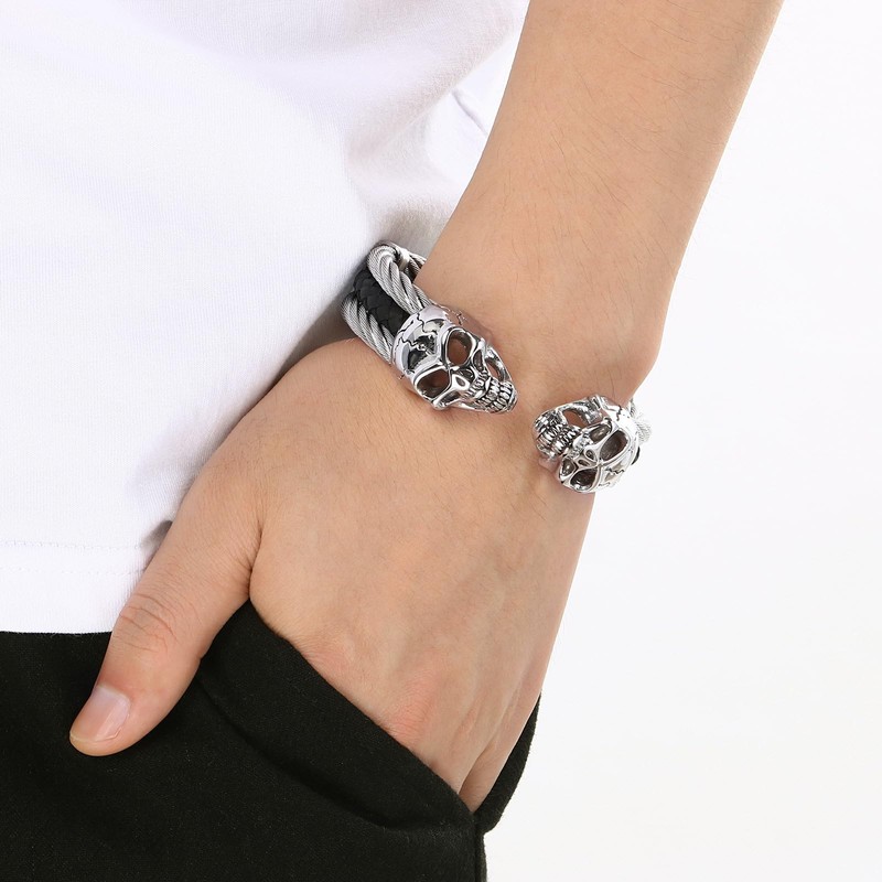 Klapgo Men's Gothic Skull Bracelet Stainless Steel Cable and Leather