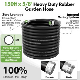 SPECILITE 5/8" Garden Hose 150 ft with High Flow Nozzle, Heavy Duty Flexible Hybrid Rubber Water Hose for Outdoor, Lightweight, Leak-Proof, No-Kink, 3/4"Stainless Steel Fittings,Black