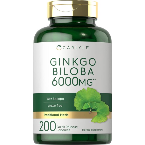 Ginkgo Biloba Pills | 6000mg | 200 Capsules | Non-GMO, Gluten Free | by Carlyle