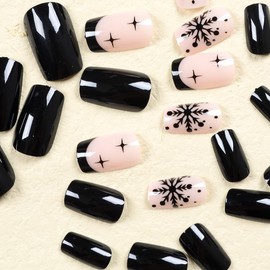 Christmas Press on Nails Medium Square Fake Nails Black French Tip False Nails with Snowflake Star Design Glue on Nails Xmas Acrylic Glossy Full Cover Stick on Nails for Women Manicure 24Pcs