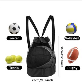 Zhenghebuy Unisex Drawstring Backpack,Basketball Carrying Bag,Single Ball Mesh Bag,Portable Gym Bag, Durable Oxford Sports Bag(Black)