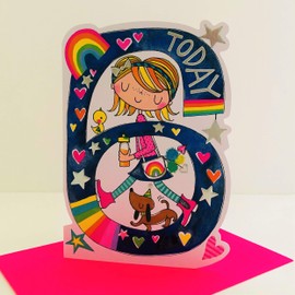 Rachel Ellen Girl Age 6 Today Birthday Card - Girl Dog Rainbow