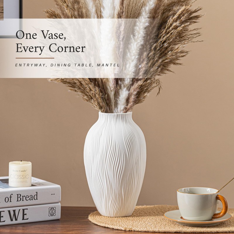 White Ceramic Vase for Pampas Grass, 9.2 Inch Wavy Textured