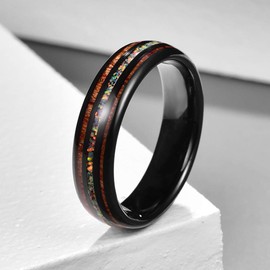 Nuncad Unisex Tungsten Ring with Opal and Koa Wood Mosaic Effect, Black, 8 mm, Tungsten Ring for Wedding, Engagement, Lifestyle and Fashion, Size 54 to 67 (14-27), Tungsten, 6 mm black + multi-coloured