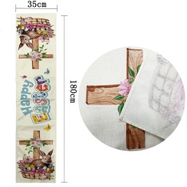 SEAHUI Happy Easter Rabbit Table Runner Rabbit Flower Cross Table Cover Linen Tablecloth Decor for Easter Party Kitchen Room Home Dinning Table Decoration 180x35cm