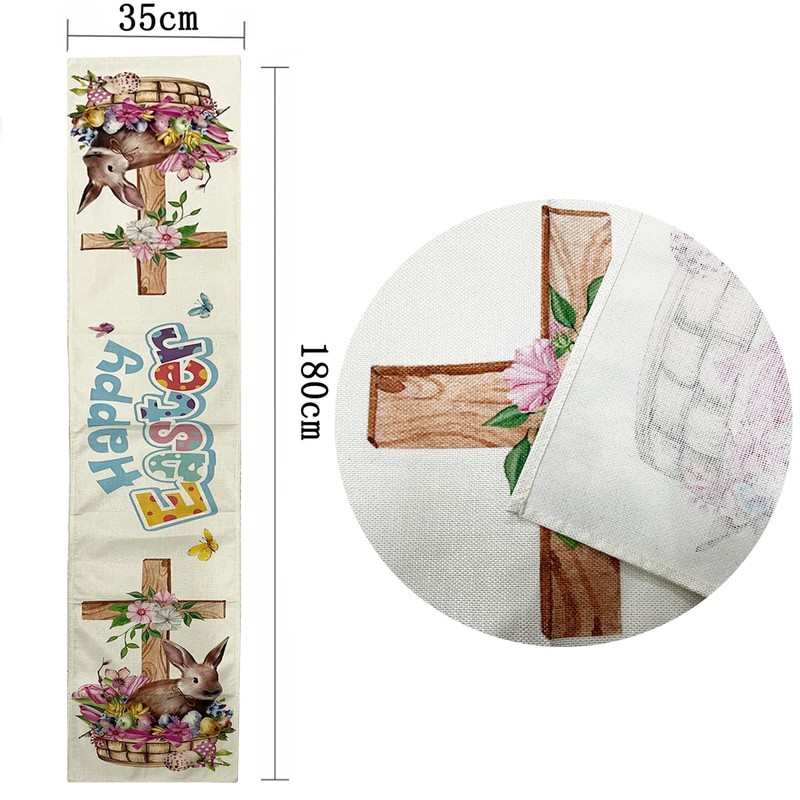 SEAHUI Happy Easter Rabbit Table Runner Rabbit Flower Cross Table