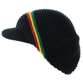 Milani Rasta Ribbed and Slouchy Beanie Visor Cap Woven Hat w/Red Yellow Green Stripe (0014 Black)