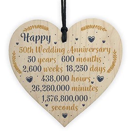 RED OCEAN Happy 50th Wedding Anniversary Sign Gift Wooden Heart Fifty Years Husband Wife Keepsake Gift Plaque