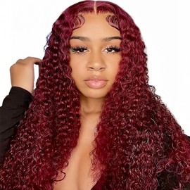 Wighottie 99j Burgundy Deep Wave Lace Front Wigs Glueless Wigs Human Hair Pre Plucked Pre Cut 5X5 HD Lace Closure Human Hair Curly 180% Density Lace Front Wigs for Black Women 22 Inch