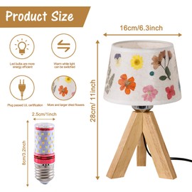 WSYEAR Dried Flowers Table Lamp 5W LED 3 Color Pressed Flower Bedside Lamp Linen Shade Table Lamp with Wood Base for Bedroom Living Room Desk Office