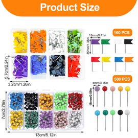 160 Stück Fahnennadeln Bunt, 500 Stück Pinnadeln Rundkopf, Pinnnadeln Pushpins Pins für Pinnwand Reißzwecken für Pinwand, Bulletin Kork Bord Landkarte Pinnadeln
