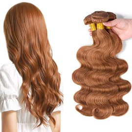 Light Brown Body Wave Bundles #30 Brown Human Hair Bundles Remy Hair Weave Extensions Double Weft Hair Bundles 100% Unprocessed Brazilian Hair 3 Bundles For Woman 8 10 12 Inch