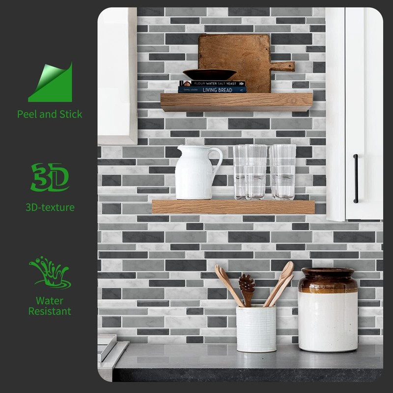 LONGKING Peel & Stick Backsplash Tile for Kitchen, Gray Stick