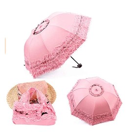 Zmgmsmh Foldable Lace Parasol Travel Sun Rain Umbrella Compact Anti UV Resistance Princess Sun Umbrella for Women & Girls (Lace Pink)