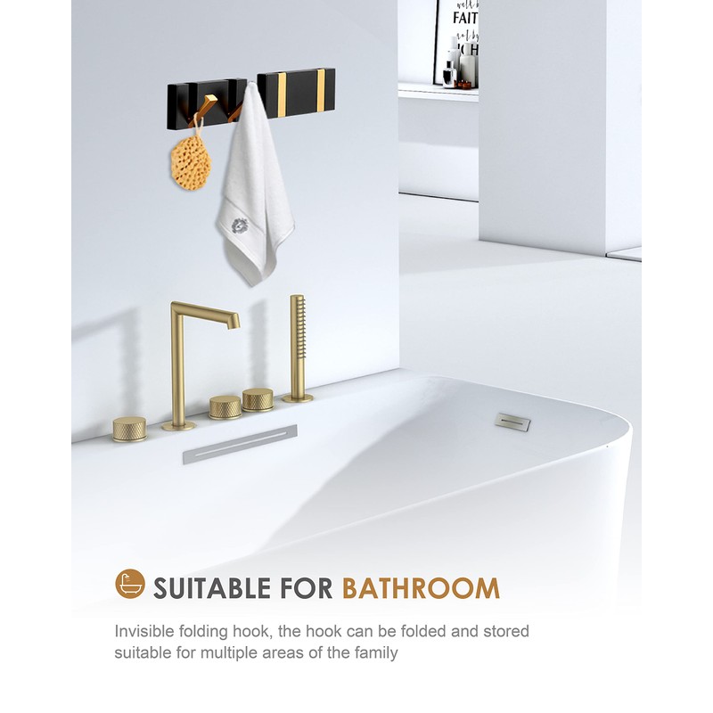 2 Pack，Waterproof Black Gold Wall Hooks，Foldable Towel Hooks for Bathrooms，Coat