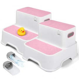 Harwaya Two Step Stools for Toddlers Girls, Small Kids Step Stool for Bathroom Sink, No Slip Toddler Step Stool for Little Grils Room Princess Bedroom Closet Potty Training (2 Pack, White-Pink)