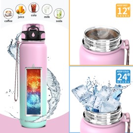 Vikaster Thermos Flask, 1000 ml Thermos Flask, BPA-Free Drinking Bottle, 1 Litre Thermos Flask, 1000 ml Stainless Steel Drinking Bottle for School, Sports, Bike, Camping, Fitness, Outdoor