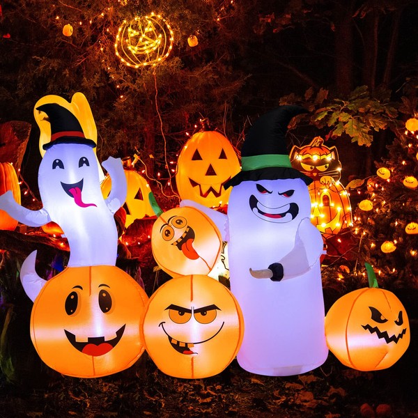 Tangkula 6 FT Halloween Inflatable 4 Pumpkins & 2 Witch