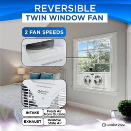 EZ-CHILL 9" Twin Window Fan with Manually Reversible Airflow Control, Auto-Locking Expanders, 2 Speed, Dual Fan, Exhaust, Airflow 9.84 ft/sec, Ideal for Home, Kitchen, Bedroom & Office, White