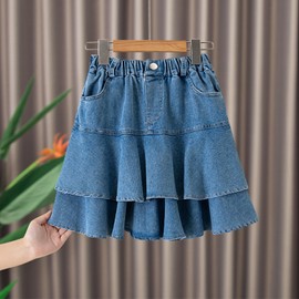 Alunsito Children's Baby Girl Denim Skirt Summer Autumn Little Girl High Waist Layered Denim Skirt with Pocket, blue