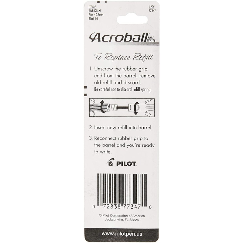 PILOT Acroball PureWhite Advanced Ink Refill For Retractable Pens, Fine