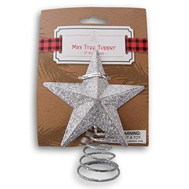Glitter Miniature 5 Point Star Tree Topper - 5 Inches Tall - Spiral Base (Silver)