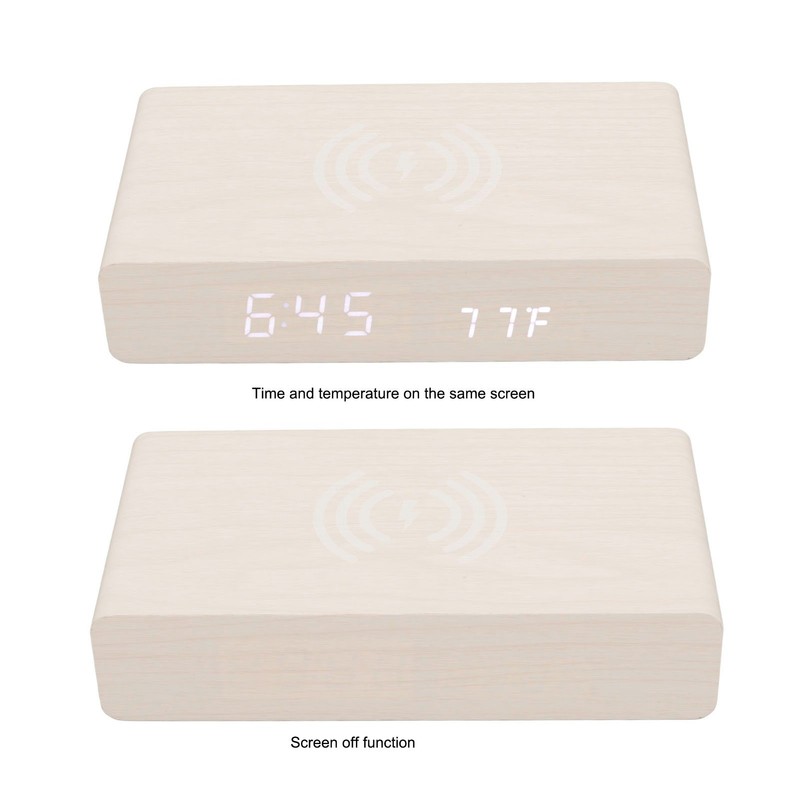 Wooden Digital Clock Wireless Charging Function 3 Brightness Electric Alarm
