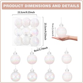 Christmas Iridescent White Ornament Balls Set 9 Pcs 3.15" Clear Plastic Shatterproof Christmas Ball Hanging Ornaments for Xmas Tree Decorations Indoor Home Thanksgiving Wedding Party Holiday Decor