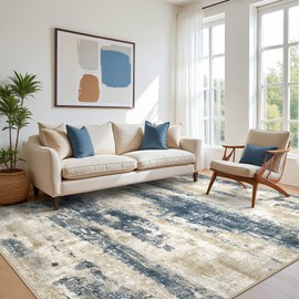 BEIMO Area Rugs 9x12 for Living Room Bedroom, Modern Abstract Machine Washable Rug, Large Soft Low Pile Floor Cover with Non Slip Backing for Dining Room, Blue Beige