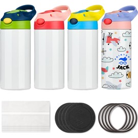 Printers Jack 12oz Kids Skinny Tumbler, Stainless Steel Sublimation Blank Tumbler with One-click Pop-up Straw and Handle, Sublimation Cups for Drinks, Rubber Bottoms and Shrink Films DIY Gift (4Pcs)