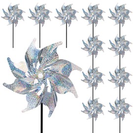 JOHOUSE 12PCS Reflective Pinwheels with Stakes, 7.5inch Bird Deterrent Pinwheels Extra Sparkly Pinwheels for Yard Garden Lawn Patio Farm