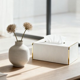 VOSO Rectangle Tissue Box Cover PU Leather Golden Rim Gold Line Stripe Magnetic Closure for Bathroom Bathroom Bedroom Living Room Desk Office Decor (White)