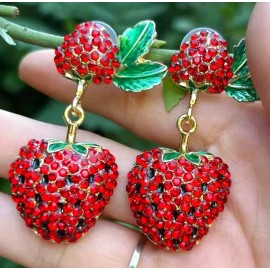 Betsey Johnson Red Rhinestone STRAWBERRY Fruit Green Enamel Leaf Betsey Johnson Dangle Earrings