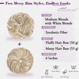 BARSDAR 2 Pieces Hairpiece with Elastic Band, Messy Hair Bun Hair Scrunchie Extensions for Women Synthetic Hair Updo Hair Bun Hair Extensions Hairpieces - Medium Blonde with White Blonde